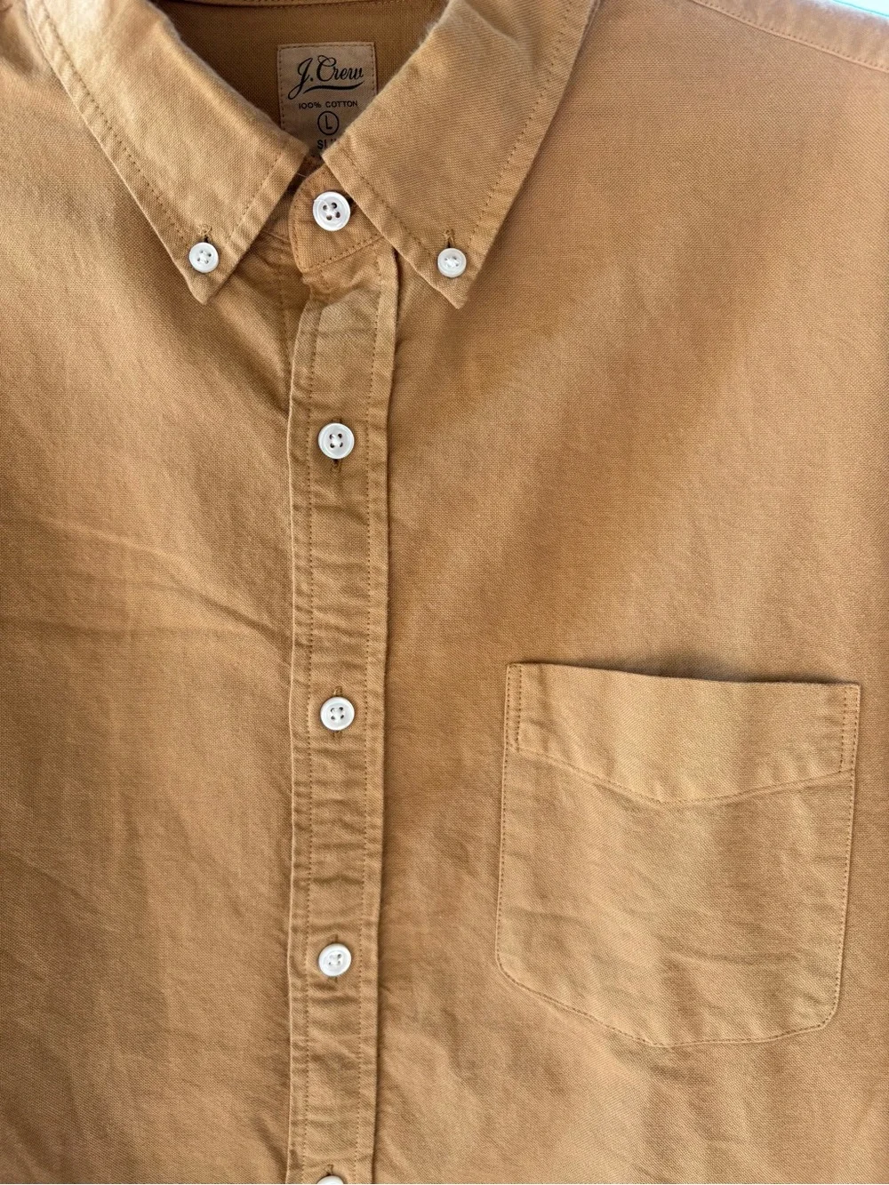 Men’s J. Crew Golden Tan Cotton Long Sleeve Button Down Shirt Size Large Slim